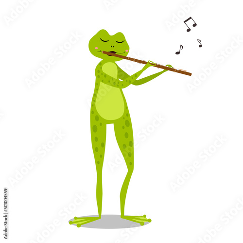 The frog plays the flute. Cute character in cartoon style.