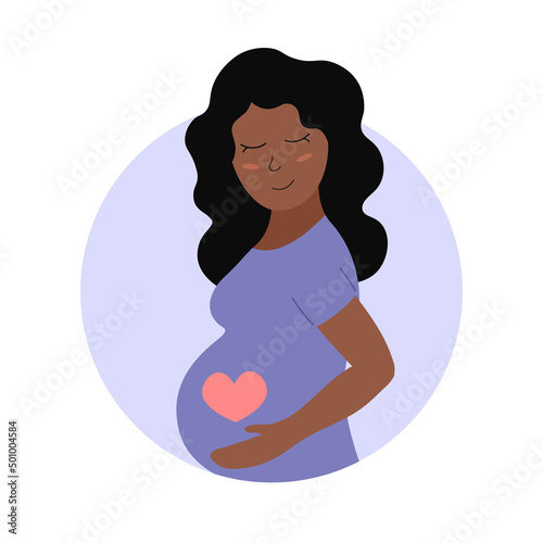 Cute pregnant woman. Happy african american person with heart on belly. Pregnancy concept. Flat vector illustration of expectant mother