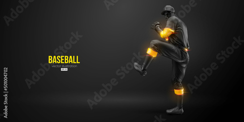 Abstract silhouette of a baseball player on black background. Realistic baseball player batter hits the ball. Vector illustration
