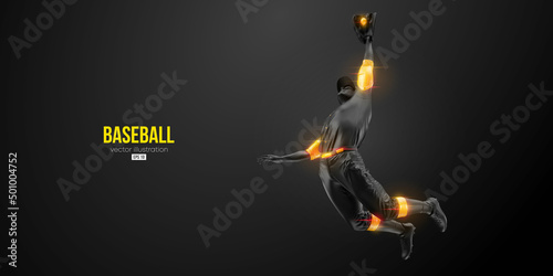 Abstract silhouette of a baseball player on black background. Realistic baseball player batter hits the ball. Vector illustration