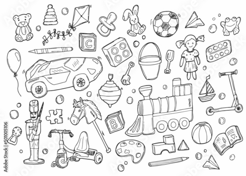 Children Toys doodle icon set. Kids Life Style Vector illustration collection. Vector sketch of toys for children