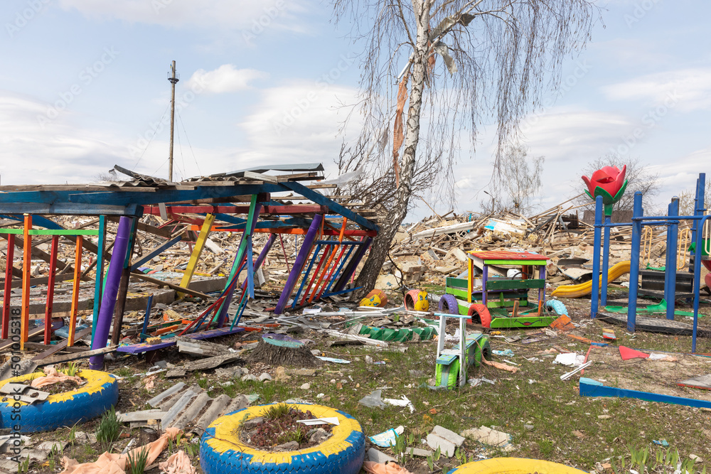Fototapeta premium War in Ukraine. Heavily damaged kindergarten.