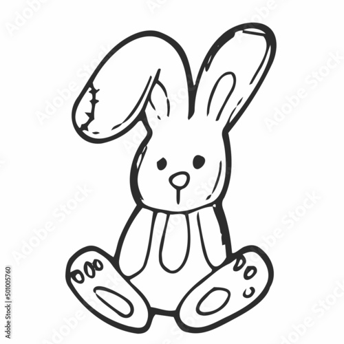 Vector black and white drawing, rabbit toy