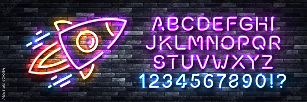 Vector realistic isolated neon sign of Rocket logo with easy to change alphabet font on the wall background. Vector realistic isolated neon sign of Rocket logo with easy to change alphabet font on the wall background.