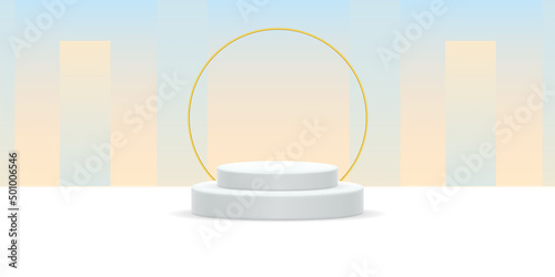 Vector realistic isolated podium platform in abstract stage for product placement and display on the white and blue background.