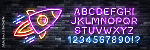 Vector realistic isolated neon sign of Rocket logo with easy to change alphabet font on the wall background.