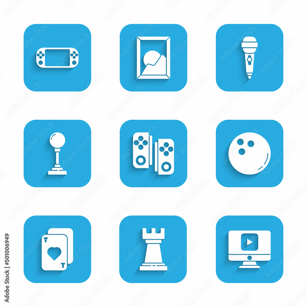 Set Gamepad, Business strategy, Online play video, Bowling ball, Playing cards, Joystick for arcade machine, Microphone and Portable game console icon. Vector Set Gamepad, Business strategy, Online play video, Bowling ball, Playing cards, Joystick for arcade machine, Microphone and Portable game console icon. Vector
