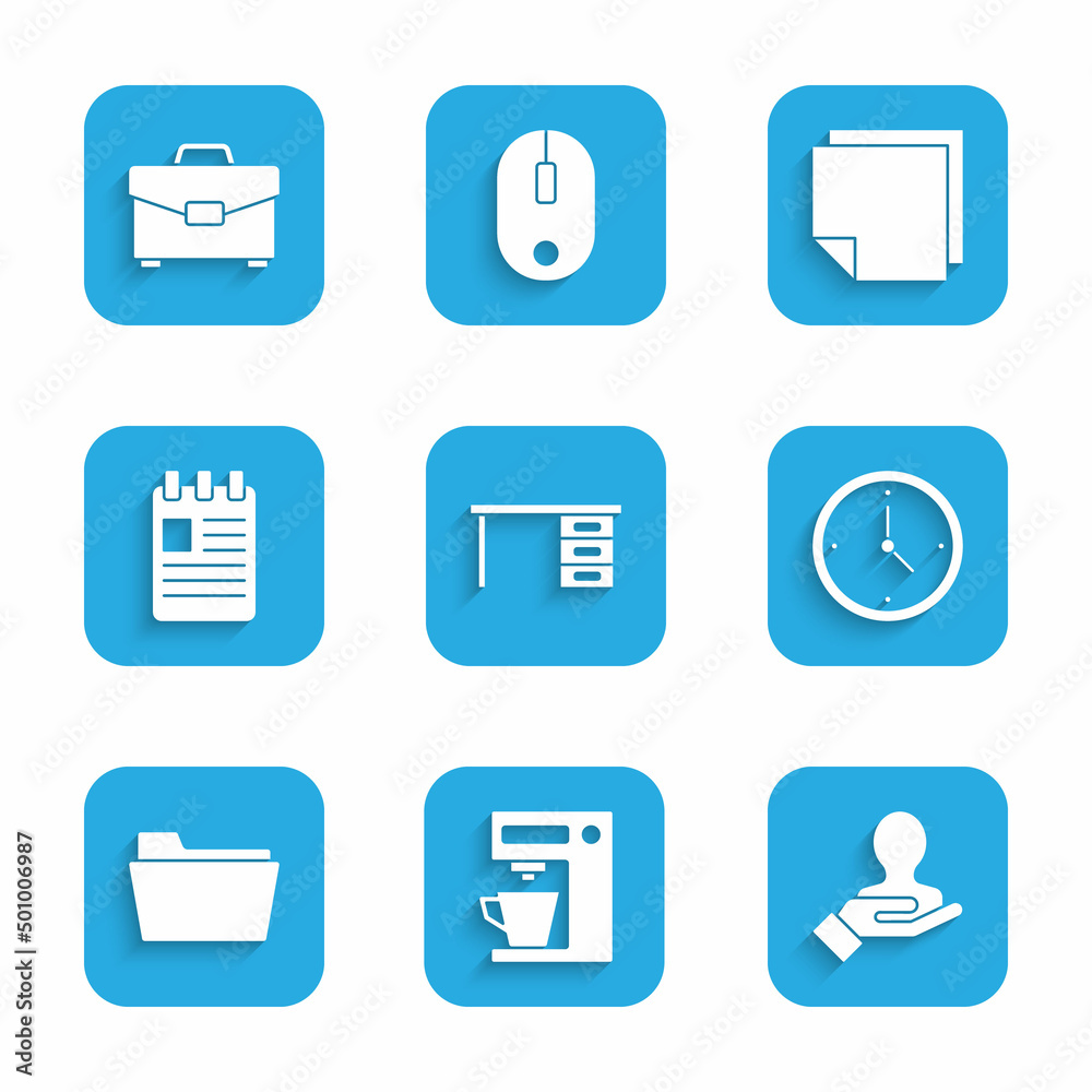 Set Office desk, Coffee machine, Hand for search people, Clock, Document folder, Spiral notebook, Post stickers and Briefcase icon. Vector Set Office desk, Coffee machine, Hand for search people, Clock, Document folder, Spiral notebook, Post stickers and Briefcase icon. Vector