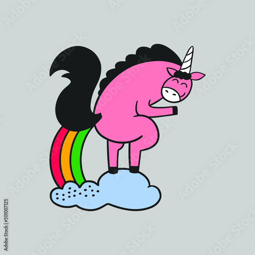 Vector hand drawn illustration with unicorn pooping rainbow. Cute element for sticker, patch or poster. Fun horse drawing.