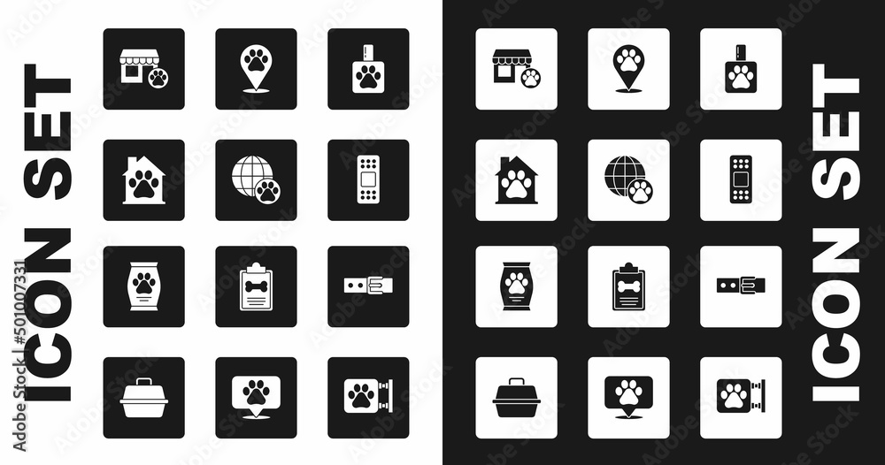 Set Pet shampoo, World pet, house, Veterinary hospital, Bandage plaster, Location veterinary, Collar with name tag and Bag of food icon. Vector Set Pet shampoo, World pet, house, Veterinary hospital, Bandage plaster, Location veterinary, Collar with name tag and Bag of food icon. Vector