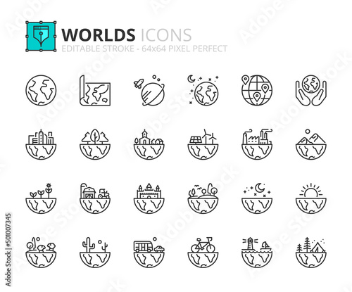 Simple set of outline icons  about worlds and landscapes