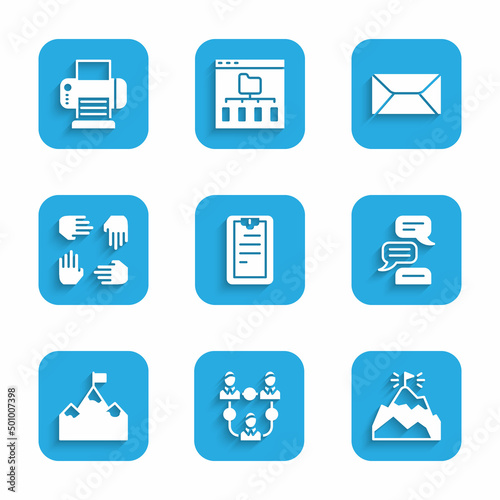 Set Clipboard with checklist, Project team base, Mountains flag, Speech bubble chat, Envelope and Printer icon. Vector