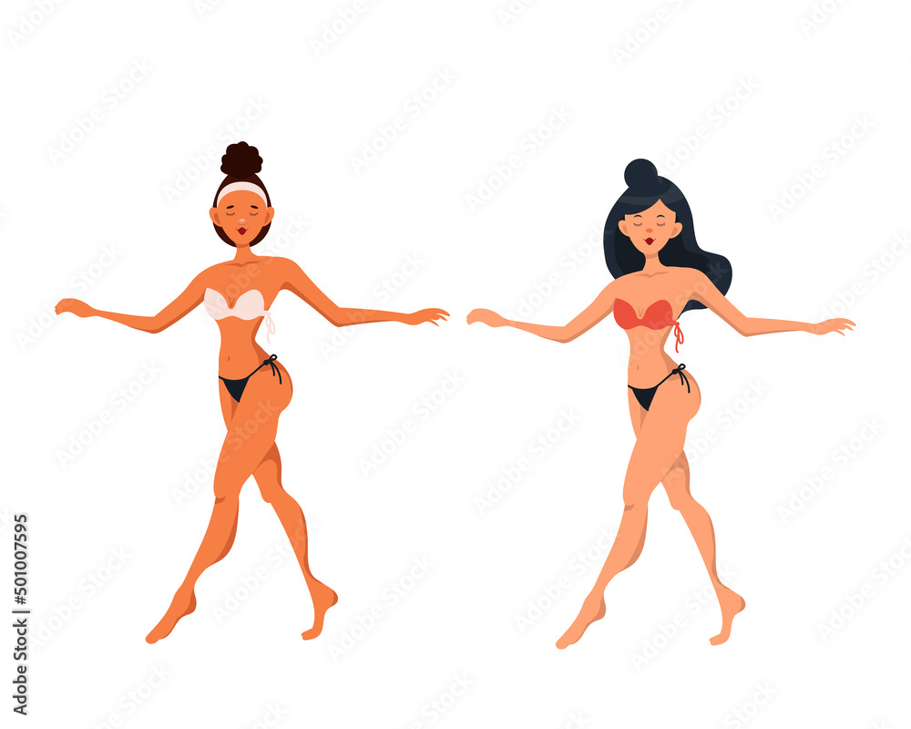 Happy women with slim body in swimwear. A thin person in a swimsuit. Beautiful summer women in swimsuits. Vector illustration. Vacation concept.