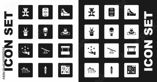 Set Water slide, Hot air balloon, Magician hat and rabbit, Teddy bear plush toy, Fountain, Hockey table, Ticket box office and Juggling icon. Vector