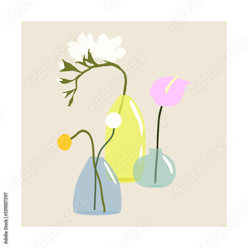 Modern vases vector illustration with colored glass bottles and jars with flowers. Ikebana minimalist background. Trendy print for package branding, social media