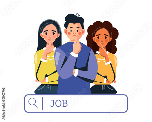 Job Search - Dismissed, confused people are looking for work (Diversity). The concept of the financial crisis. Job cuts. Vector illustration