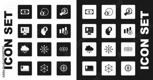 Set Hand holding Bitcoin, think, Mining bitcoin from monitor, Cryptocurrency, Pie chart infographic, with clock, circuit and cloud mining icon. Vector