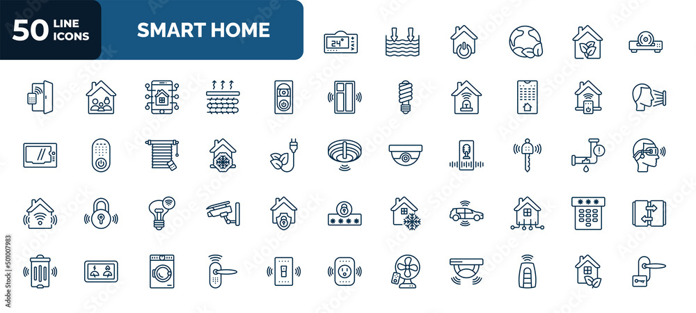 set of 50 smart home web icons in outline style. thin line icons such ...