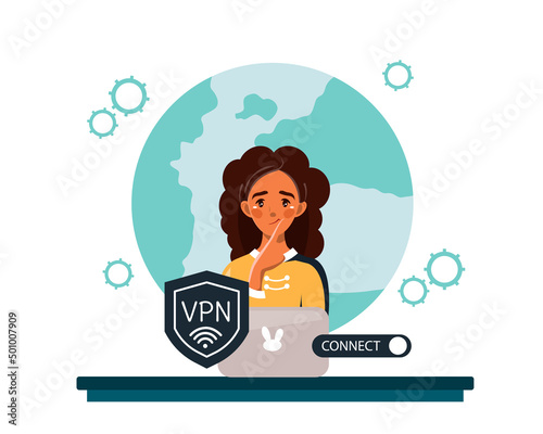 An African-American woman uses a VPN on her computer. The concept of a VPN service. Secure online connection and protection. Vector illustration