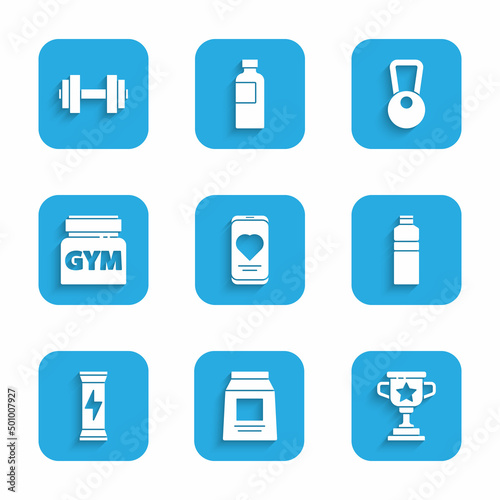 Set Mobile with heart rate, Sports nutrition, Award cup, Fitness shaker, Kettlebell and Dumbbell icon. Vector