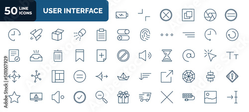 set of 50 user interface web icons in outline style. thin line icons such as charging status, pause, padnote, history, bookmark, at, layout, export, express, correct, gallery vector. photo