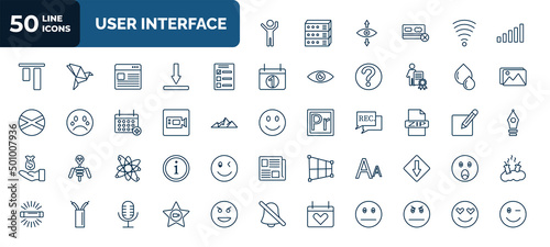 set of 50 user interface web icons in outline style. thin line icons such as about successful man, level, test quiz, big and small drops, facetime, zip file, nuclear cells, fonts, heart on calendar,