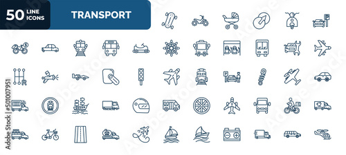 set of 50 transport web icons in outline style. thin line icons such as longboard, car parking, go kart, car repair, hands free device, shock breaker, galleon, airplane pointing up, sailing, gas