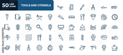 set of 50 tools and utensils web icons in outline style. thin line icons such as iron board, firetruck, incandescent, radial, searching tool, navy, cushion, chopsticks, paper cutter, tings gears,