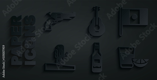 Set Tabasco sauce, Mexico flag, Cactus, Tequila glass with lemon, Mexican guitar and Revolver gun icon. Vector