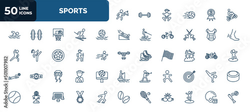 set of 50 sports web icons in outline style. thin line icons such as waiter falling, motocross, waterpolo, chest guard, trekking, flying shoes, drift car, excersice, squash, golden medal, baseball