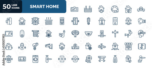 set of 50 smart home web icons in outline style. thin line icons such as thermostat, cd player, doorbell, smart, cool, remote vehicle, lighting, autonomous car, fan, smart lock, eco home vector.
