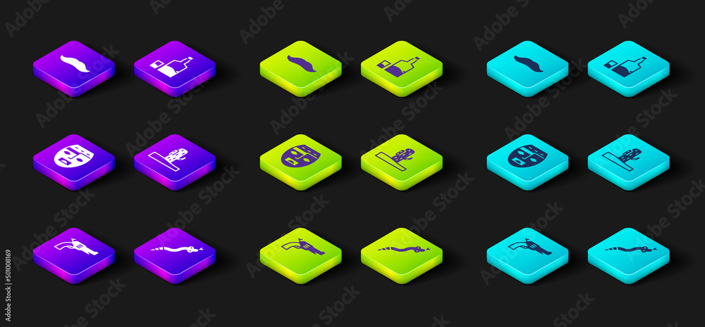 Set Revolver gun, Snake, Aztec mask, Cactus, Tequila bottle and glass and Mustache icon. Vector Set Revolver gun, Snake, Aztec mask, Cactus, Tequila bottle and glass and Mustache icon. Vector