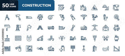 set of 50 construction web icons in outline style. thin line icons such as measures plan, electric drill, five meters ruler, clippers, double ladder, hydraulic breaker, inclined magnet, bulldozer,