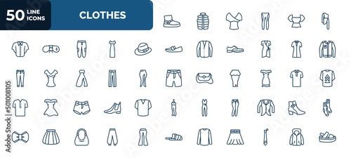 set of 50 clothes web icons in outline style. thin line icons such as wool boots, one shoulder dress, men hat, lyocell shirt dress, oxford wave suit pants, off the shoulder dress, denim shorts, slim