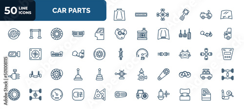 set of 50 car parts web icons in outline style. thin line icons such as car bonnet, car windscreen, door, tailpipe, exhaust, brake pad, disc brake, camshaft, spare wheel, fog lamp, trim vector.