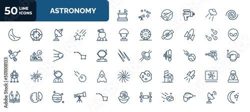 set of 50 astronomy web icons in outline style. thin line icons such as moonwalker, black hole, space robot, meteorites, big dipper, meteorite falling, spaceman, astronaut and flag, space station,