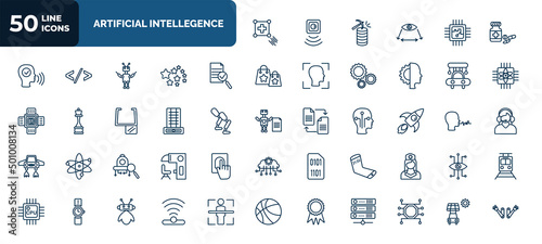 set of 50 artificial intellegence web icons in outline style. thin line icons such as match moving, medicine, evaluation, high speed tube, difference engine, rocket, microbots, mobile flexible