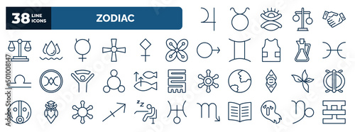 set of zodiac web icons in outline style. thin line icons such as jupiter, justice, mercury, affluence, pisces, abundance, beauty, sagittarius, spirit, , capricorn vector.