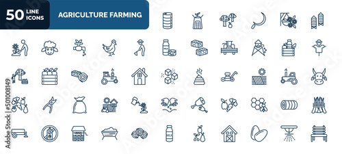 set of 50 agriculture farming web icons in outline style. thin line icons such as barrell, silo, farmer hoeing, farm products, tractor, farm field, sack, vegetable, fruit, trough, sprinkler vector.