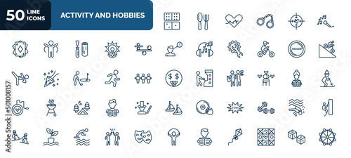 set of 50 activity and hobbies web icons in outline style. thin line icons such as dominoes, sing, balancing, dealer, jogging, couple huging, camp, comic, newspaper readign, meeting with a friend,