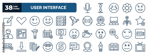 set of user interface web icons in outline style. thin line icons such as mic interface, editor, winking smile, paper bird, add to favorite, video in browser, boring, nerd smile, book opened at