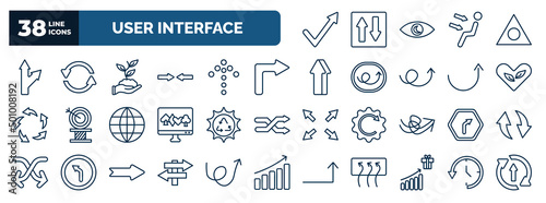 set of user interface web icons in outline style. thin line icons such as check mark arrow, detour, hand and sprout, right turn, ecologic heart, solar recycle, turn left only, road, incentive