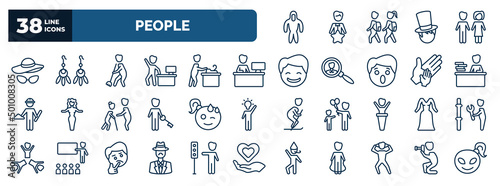 set of people web icons in outline style. thin line icons such as protective suit, hat and glasses, sweeping person, assembler, working at the office, relieved smile, women dress, sir, pulling hair
