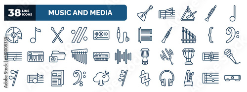 set of music and media web icons in outline style. thin line icons such as balalaika, cd, drumsticks, jack connector, clef, organ, sharp, octave clef, metronome, stave vector.