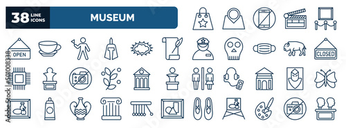 set of museum web icons in outline style. thin line icons such as souvenir, open, excursion, poetry, closed, museum building, el greco, antique column, painting, no photo vector.