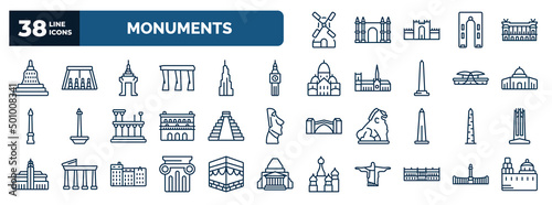 set of monuments web icons in outline style. thin line icons such as kinderdijk windmills, borobudur, cambodia, the clock tower, dome of the rock, maya pyramid, walled obelisk, greek column, palace