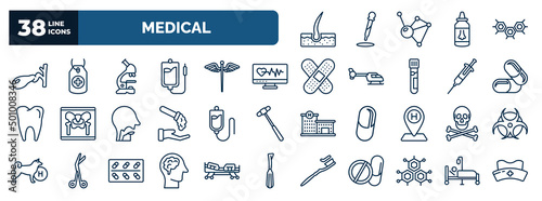 set of medical web icons in outline style. thin line icons such as dermis, gallbladder, microscope tool, medical heart scan, medicine capsules, plasma, skull and bone, brain in bald male head,