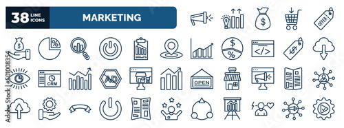 set of marketing web icons in outline style. thin line icons such as campaign, sales, analyze, place, download from cloud, online store, flyer, off, behavior, viral vector.