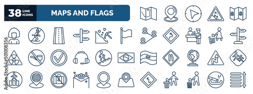 set of maps and flags web icons in outline style. thin line icons such as treasure map with x, women hairstylist, street, plain flag, vintage, walking up stair, right reverse curve, las vegas