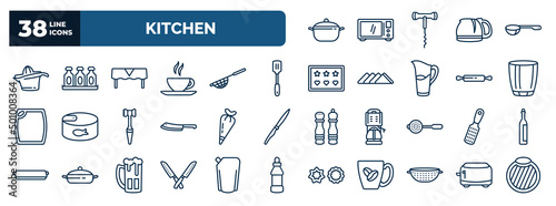 set of kitchen web icons in outline style. thin line icons such as saucepan, squeezer, tablecloth, spatula, glass, pastry bag, grater, knives, nder, toaster vector.